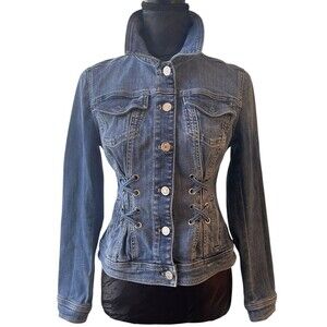 WHBM Women’s Denim Corset Pleated Trucker Jacket with Lace-Up Waist  - XS